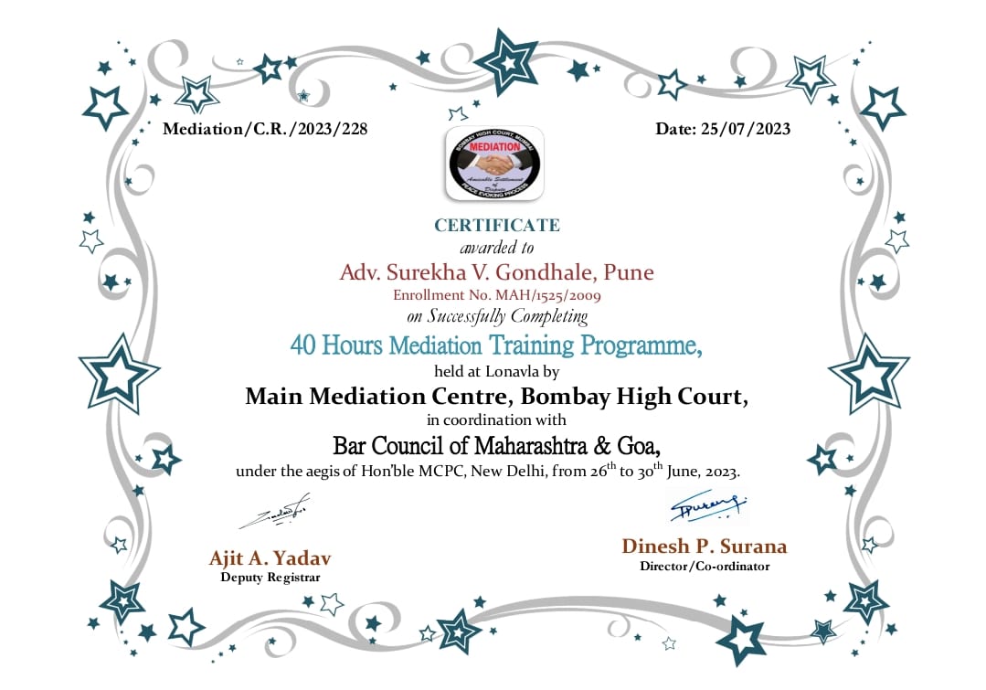 Mediation training certificate awarded to Adv. Surekha V. Gondhale by the Main Mediation Centre, Bombay High Court